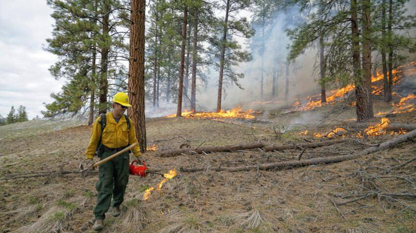 Fire crews working a previous prescribed fire on the Sinlahekin Wildlife Area in the spring of 2022. <em>Photo courtesy WDFW</em>.