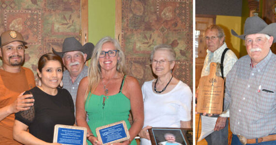 Robert Mueri/staff photos
Left, the Tonasket Chamber of Commerce gave out several awards at their annual banquet last Saturday. Recipients were, l-r, Arron and Anna Polito Tonasket Pizza, Business of the Year; Jerry Asmussen, Citizen of the Year; Johnna Sutton of Elevated Fitness and Mobility, Best New Business of the Year and Dixie Brown, Grand Marshall.  Right, Asmussen after he receives the award from Chamber President Michael Stewart.