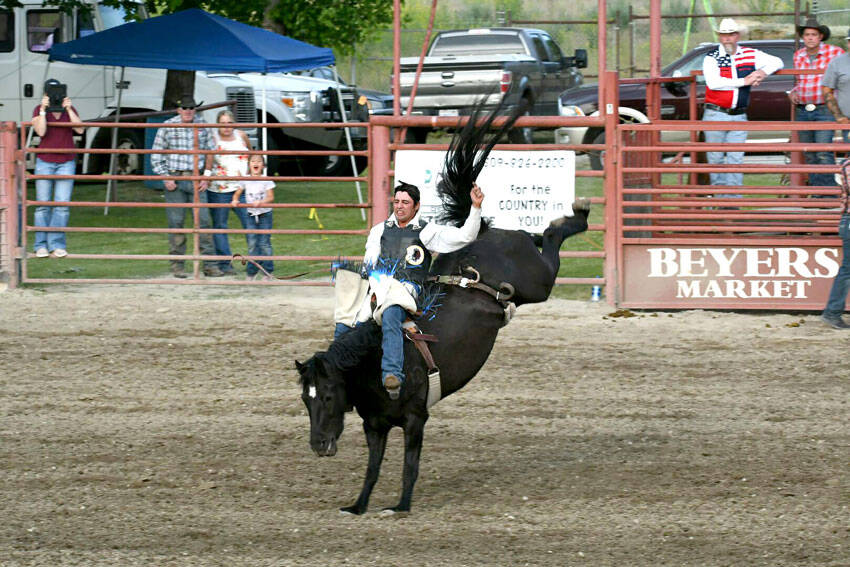 Francis Marchand, riding “Grants Market” in the bareback competition in one of Tonasket’s past Founders Day Rodeos. Jon Millard/GT file photo