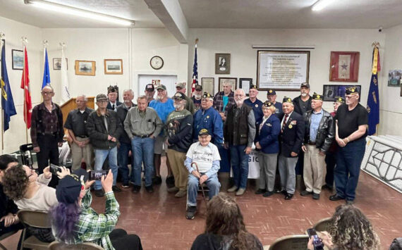 Vietnam-era veterans were honored last Sunday by U.S. Congressman Dan Newhouse at Oroville American Legion Post 84. Front and center was WWII vet Dean Brazle, who was awarded a Quilt of Valor for his service on Tinian in 1944-45. <em>Marcus Alden/submitted photo </em>