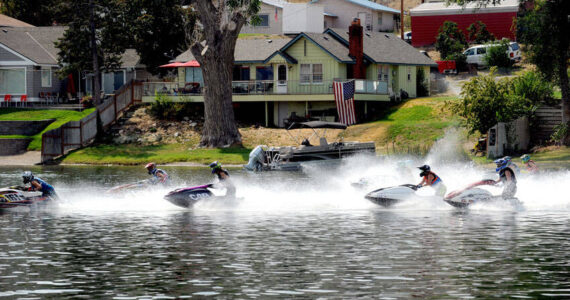 The annual Lake Osoyoos Cup Jet Ski Races were held last Saturday and Sunday at Oroville’s Deep Bay Park. In this race all the racers begin in a line and charge off to the course when they get the signal. <em>Gary De Von/staff photo </em>