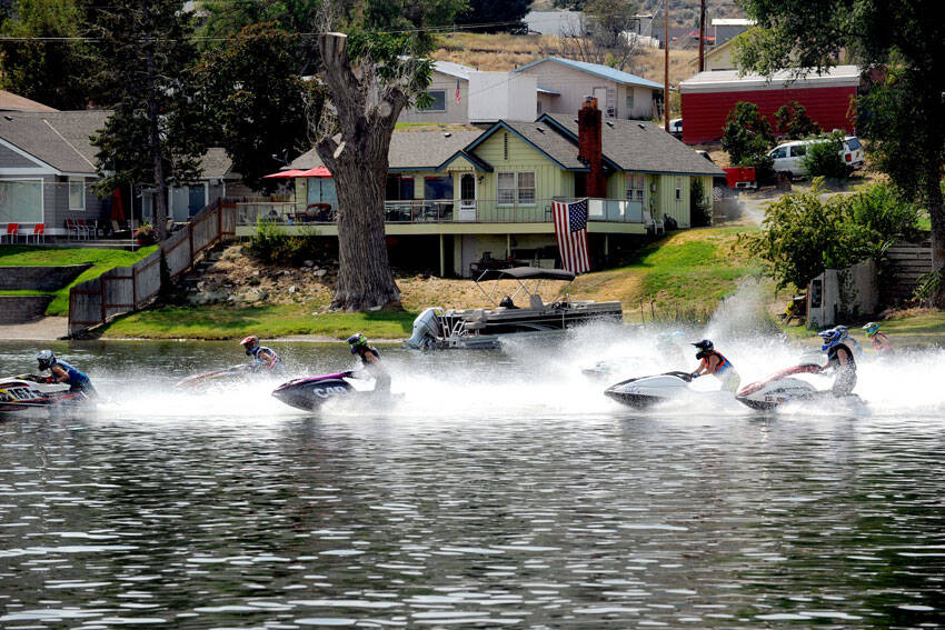 The annual Lake Osoyoos Cup Jet Ski Races were held last Saturday and Sunday at Oroville’s Deep Bay Park. In this race all the racers begin in a line and charge off to the course when they get the signal. <em>Gary De Von/staff photo </em>