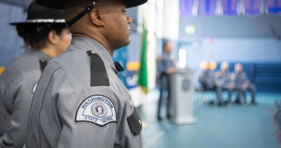 A WSP officer attends the 19th CVEO Basic Open House on Feb. 7, 2024. <em>Washington State Police media </em>