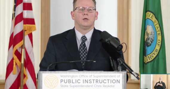 Washington State Superintendent of Public Instruction Chris Reykdal at a Sept. 23 press conferance on his budget proposal. <em>Screenshot </em>