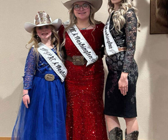 The Omak Elks Lodge hosted the grand coronation and fundraiser event for the 2025 Rodeo Champions of American (RCA) Washington Royalty. Pictured left to right: Little Miss RCA, Taya Asmussen; Miss RCA Washington, Macy Vassar; and Miss Teen RCA Washington, Natalie Brownlee. The event raised $9000.00 for the cause. Roni DeVon/submitted photo