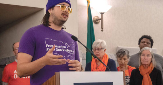 Robert Schentrup, a member of Alliance for Gun Responsibility, was among those who shared stories during a press conference on Jan. 21 in Olympia. WNPA photo