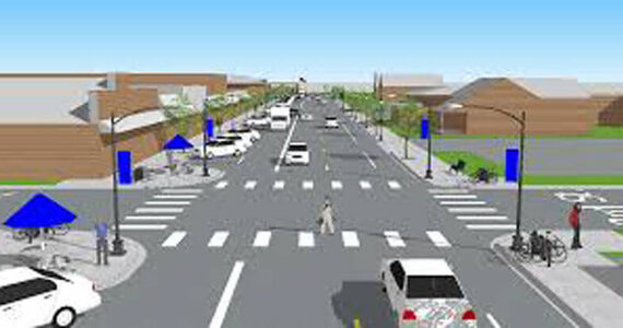 An illustration of what the Perfect Passage Project is intended to look like showing trees placed in the sidewalks outside some of the downtown businesses. Work on the project resumed Monday, March 17. Source: City of Tonasket