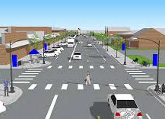 An illustration of what the Perfect Passage Project is intended to look like showing trees placed in the sidewalks outside some of the downtown businesses. Work on the project resumed Monday, March 17. Source: City of Tonasket
