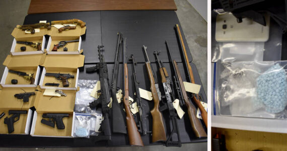 Fentanyl laced pills and guns seized near Oroville in 2023. In appealing for support from the City of Tonasket, Josh Petker, Commander of the North Central Washington Narcotics Task Force, said, “We’re talking about pounds of fentanyl in this community. We are not talking dime bags, it’s pounds. That’s where our focus is right now with the limited staffing we have.” NCWNTF photo