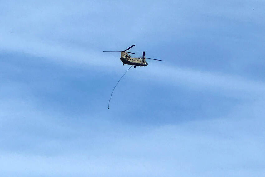 The Washington Air National Guard and U.S. Border Patrol conducted training exercises using Oroville’s Dorothy Scott International Airport last week. The use of the airport was approved by the council at their June 3 meeting. The WAARNG CH-47 Chinook twin-rotor helicopters could be seen flying around the blue skies of Oroville last Thursday. Gary De Von/staff photo