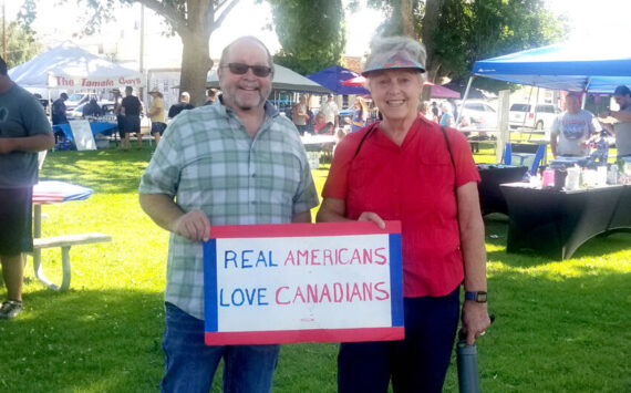 Oroville Mayor Ed Naillon and Osoyoos, BC Mayor Sue McKortoff met up at the Oroville Farmers’ Market on Saturday, June 28 to celebrate the proposed joining of the two communities as Sister Cities. Arnie Marchand approached the Oroville City Council a few meetings back and suggested that the two cities, only separated by a few miles and the International Boundary between the United States and Canada, pursue a Sister City relationship. Both communities and their mayors see the benefit and will be applying for Sister Cities status. Angela Larson/staff photo