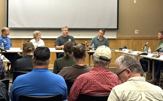 Public Lands Commissioner Dave Upthegrove, Sen. Shelly Short and Reps. Hunter Abell and Andrew Engell, participated in a Wildfire Roundtable Discussion with representatives from the Farm Bureau, Okanogan Conservation District, Okanogan County and the PUD. Submitted photo/OKPUD