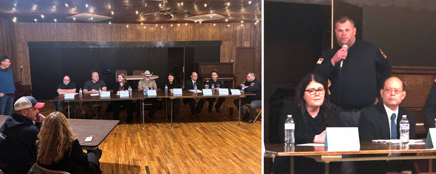 A large panel of people involved in the criminal justice system attended a meeting at the Oroville Grange Hall to discuss juvenile property crimes in the Oroville area. Right, Oroville Police Chief Gary Hirst answers a question at Thursdays town hall meeting. Also pictured are Okanogan County Administrative Assistant Teagan Levine and Prosecuting Attorney Albert Lin. Gary De Von/staff photos