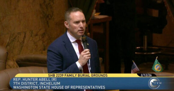 Seventh District Representative Hunter Abell speaking for House passage of House Bill 2239, legislation that allows families to establish small, private burial grounds on land they own. WA HR Submitted photo