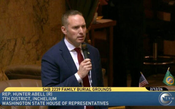 Seventh District Representative Hunter Abell speaking for House passage of House Bill 2239, legislation that allows families to establish small, private burial grounds on land they own. WA HR Submitted photo