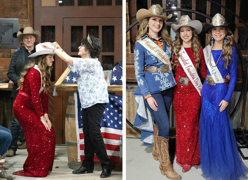 Natalie Brownlee was crowned by the beloved Miss Rodeo Tonasket of 1961, Sheri Grillo Laurie, as the 2026 Miss Rodeo Tonasket a moment that connected generations of rodeo royalty and the longstanding tradition of the program. The Tonasket Founders Rodeo dinner drew visiting rodeo royalty from neighboring communities. Kayden Coffey, 2026 Miss Omak Stampede, attended the fundraiser and presented Brownlee with a bouquet. Charlee Thomas Miss Keremeos Rodeo Association Queen was also in attendance. Submitted photos