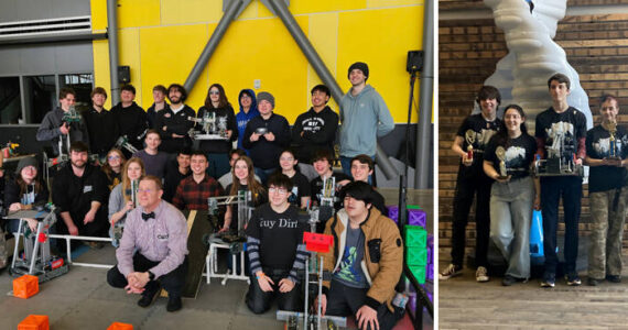 Above left, Central Washington University Mechanical Engineering Technology Professor Charles Pringle and the nine teams that competed in the robotics tournament in Ellensburg. Above right, The Oroville Robotics competitors at the recent CWU Robotics Tournament, l-r Travis Darley, eighth grade; Erin Gimello, junior; Jaxon Darley, sophomore; Kwani Harding, junior and Elias DeFord, senior. Submitted photos