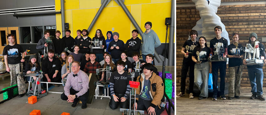 Above left, Central Washington University Mechanical Engineering Technology Professor Charles Pringle and the nine teams that competed in the robotics tournament in Ellensburg. Above right, The Oroville Robotics competitors at the recent CWU Robotics Tournament, l-r Travis Darley, eighth grade; Erin Gimello, junior; Jaxon Darley, sophomore; Kwani Harding, junior and Elias DeFord, senior. Submitted photos