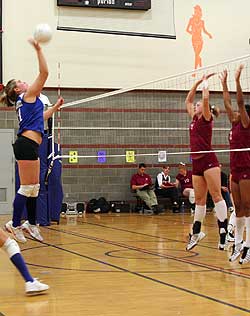 Tonasket Lady Tiger Cierra Silverthorn takes to the sky in a volleyball match against Lake Roosevelt. Silverthorn was among those named for an honorable mention by the Caribou Trail League.Silverthorn earns honorable mention for CTL All-League Volleyball