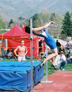 Photo by Bob ThorntonTonasket athlete Jacob Longmire won the high jump in Cashmere April 12, jumping five feet, eight inches.