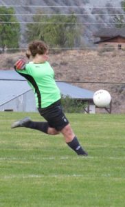 Tonasket goalie junior Stefanie Brunell kicking the ball away from the Tonasket goal and back into Okanogan territory during Tonasket’s home game against Okanogan on Tuesday, Sept. 29.Photo by Emily Hanson