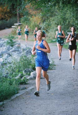 Amy Johnson running at the Omak-Chelan Tonasket Dual on Wednesday, Sept. 30. Spear finished the 2.1 mile two lap course with a time of 16:33.Submitted by Bob Thornton