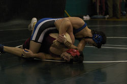Tonasket senior Andrew Grillo wrestling David Sorenson from Cascade in the 160 pound weight class at the District 6 Tournament in Chelan on Saturday, Feb. 6. Grillo felled Sorenson and went on to finish the tournament as the champion and will be wrestling