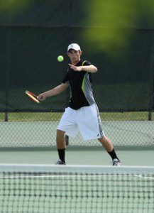 Tonasket junior Brett Hendrick prepares to hit the ball back to his opponent during the State Tennis Tournament in Yakima on Friday, May 28. Hendrick won his first match against Sully Blake of St. George’s 6-0, 6-0, lost his second match against Daniel