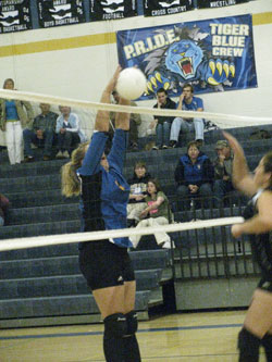 Tonasket sophomore Sadie Long jumps up and slams the ball over the net against Bridgeport during the Tigers’ home game on Tuesday, Sept. 7. Photo by Emily Hanson