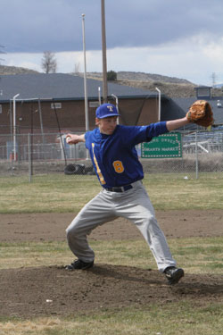 Tonasket senior Corbin Mirick pitches against the Chelan Goats during the Tigers’ first home game of a doubleheader on Saturday, April 2. Photo by Terry Mills