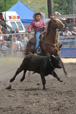 Oliver Williams was the only young cowboy to rope a calf in the junior cow-roping event at the Chesaw Fourth of July Rodeo. Photo by Gary DeVon