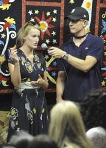 Phoebe Webb from Omak answers questions from the audience and festival co-founder Geoff Klein about her short film "You Might Need it Someday" which was shown at Esther Bricques Winery on Saturday. Photo by Gary DeVon