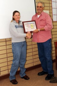 JoAnn Denney receives a plaque for her 20 years of service to the City of Oroville. Mayor Chuck Spieth made the presentation at the Tuesday, Oct. 4 meeting of the city council. Denney works at city hall and is the secretary and Chief Examiner for the Orov
