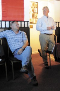 Dan Boettger, Director of Regulatory and Environmental Affairs for Okanogan County PUD and Glenn Huber, Area Manager for Oroville, were among the PUD representatives discussing the public electric utilities plans to license Enloe Dam at the Thursday, June