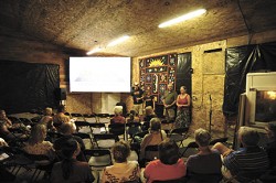 Geoff Klein, Mo Fine and Esther Bricques winemakers Steve and Linda Colvin welcome movie-goers to the barrel room which has been converted to a theater for the TwIFF.