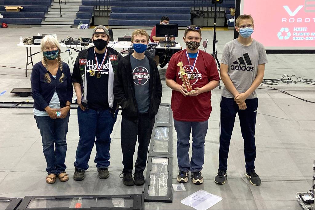 Submitted photo
Oroville Robotics Team Coach Laara Peters-Kessler, winner of the Team Mentor Genius Award and Outstanding Roboteer winner Odin Finsen with teammates and fellow champions Michael Oaks, Tyler Charnholm and Trevor Miller.