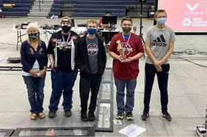 Submitted photo
Oroville Robotics Team Coach Laara Peters-Kessler, winner of the Team Mentor Genius Award and Outstanding Roboteer winner Odin Finsen with teammates and fellow champions Michael Oaks, Tyler Charnholm and Trevor Miller.