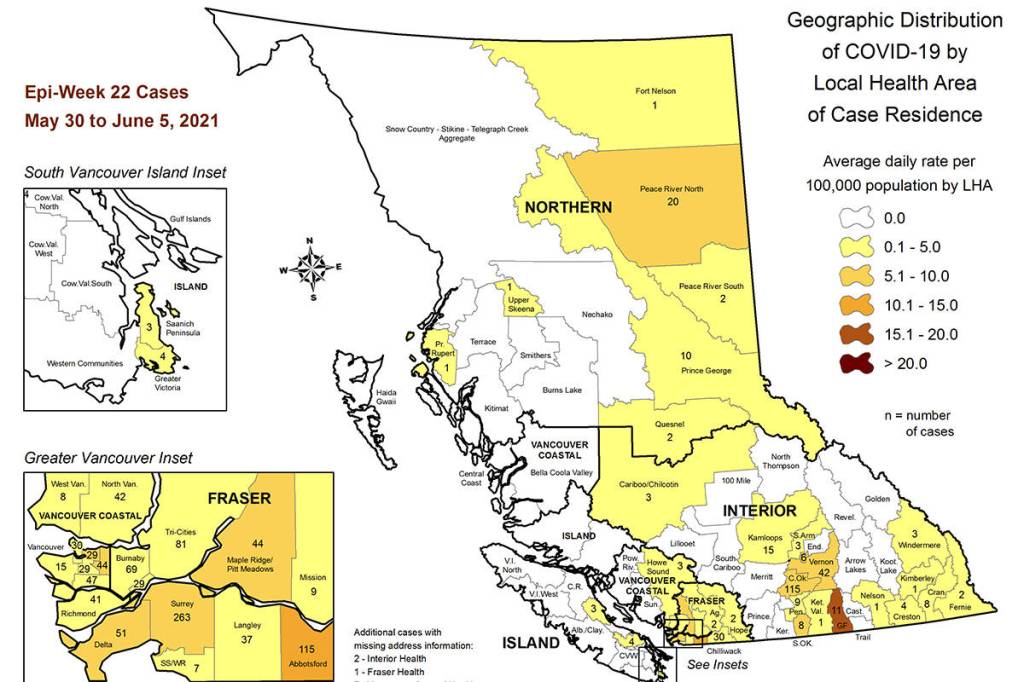 The BC Centre for Disease Control on Thursday, June 9, released its latest numbers for active COVID cases by local health areas in B.C. Illustration: BCCDC