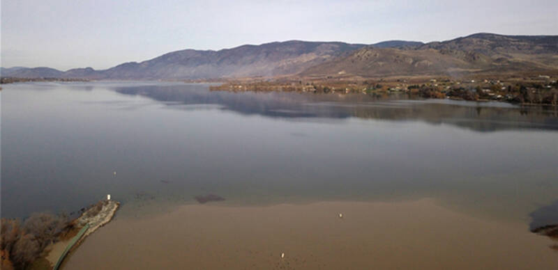 Mary Davisson photo/CCT Fisheries
Muddy water from the Similkameen River that flowed upstream into the Okanogan River contrasts with clear water in Osoyoos Lake. The aerial photograph was taken at 11:15 a.m. on Nov. 17 by Colville Tribal Fisheries Biologist Mary Davisson, at the outlet of Osoyoos Lake to the Okanogan River near Oroville.