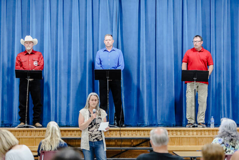 Laura Knowlton/staff photos
An Okanogan County Sheriffs Candidate Forum was hosted at Tonasket High School on Monday, July 18 by by Turning Point USA The Highlands Activism HUB and held at the Tonasket High School commons on Monday, July18. Candidates who were on hand to answer questions were, l-r, Pual Budrow, Tony Hawley and Kevin Newport.
