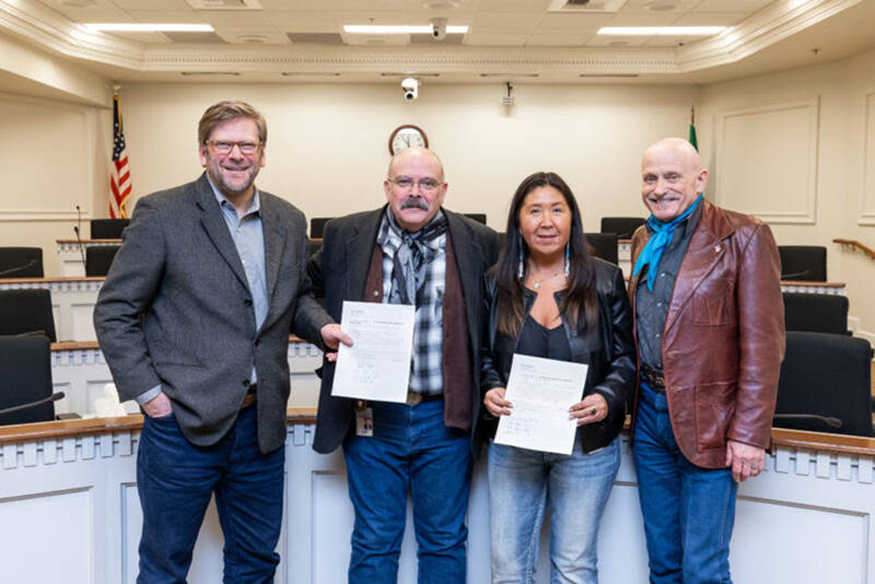 Reps. Mike Chapman, Tom Dent, Debra Lekanoff and Joel Kretz sign legislation, Feb. 17, 2023. <em>Submitted photo</em>