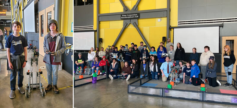 Submitted photos
Jaxon Darley and Elias DeFord, left, with the robot they used to help lead the Oroville MS/HS Robotics team to a second place finish at the CWU MET Robotics Tourney held at Ellensburg on Saturday, Feb. 25. Right, Eight college teams participated, as well as teams from Oroville and Manson at the Central Washington Universitys MET Robotics Tournament in Ellensburg.