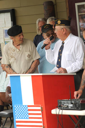 Louie Wilson with the Oroville American Legion Post #84 speaks with Mike Stewart, a Vietnam veteran. Wilson was one of the people credited with helping to get Highway 20 renamed as the Vietnam Veterans Memorial Highway.