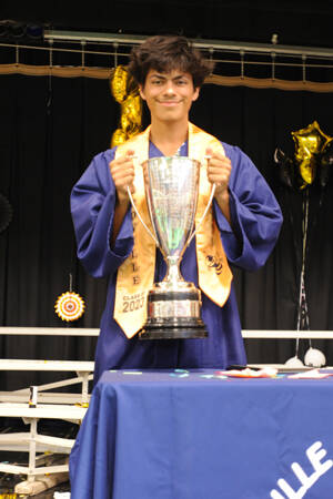 Isaiah Hymes was this years recipient of the Glover Cup which is awarded to the Oroville graduating student who most shows the Spirit of Americanism. Hymes was presented the silver cup by Oroville School District Superintendent Dr. Jeff Hardesty during the commencement ceremony on Saturday, June 3 in Coulton Auditorium.