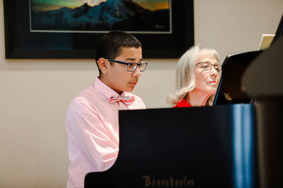 Daniel Poncé with his music teacher Roz Nau of Tonasket. He has taken lessons from Nau, with the Okanogan County Music Teachers Association, for the last year. Laura Knowlton/staff photo
