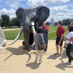 Artist Quill Hyde speaks with some of the visitors to the National Mall about their artwork.