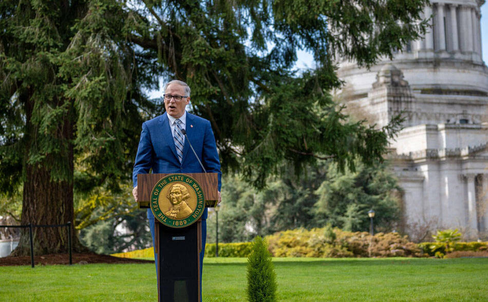 A photo of Gov. Jay Inslee outside of the State Capitol. photo courtesy of the Washington State Governors Office