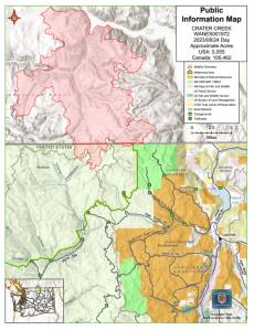 The Crater Complex includes the Crater Mountain Fire and the Upper Park Rill Fire in Canada. The fire, which is also burning on the U.S. side of the border is called the Crater Creek Fire.