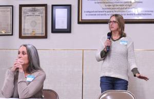 Stephanie Steinman and Tina Holman at the candidates forum held at the Oroivlle American Legion Hall. The two were given a chance to introduce themselves, then answer questions from the audiance and then give a closing statement. The event was hosted by the Oroville Chamber of Commerce and the Gazette-Tribune. <em>Gary DeVon/staff photo</em>