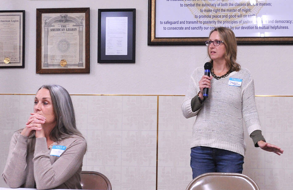 Stephanie Steinman and Tina Holman at the candidates forum held at the Oroivlle American Legion Hall. The two were given a chance to introduce themselves, then answer questions from the audiance and then give a closing statement. The event was hosted by the Oroville Chamber of Commerce and the Gazette-Tribune. <em>Gary DeVon/staff photo</em>